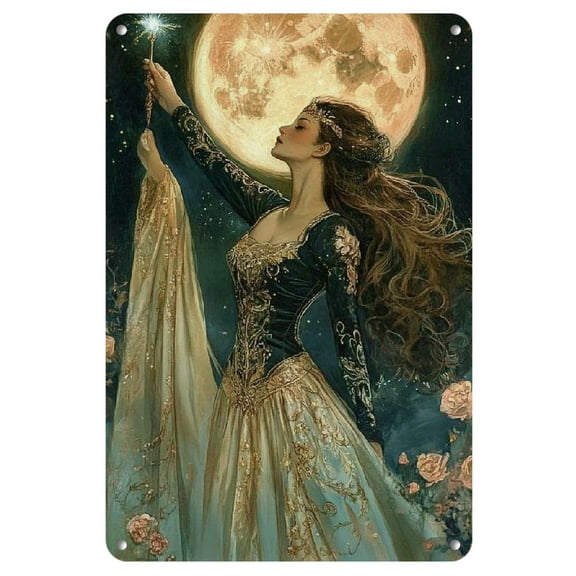 1pc Vintage Fairy Queen and Moon Metal Wall Art - 8x12 Inch, Weather-Resistant Iron Decor with Floral Accents, Ideal for Home & Garage - Perfect Housewarming or Birthday Gift