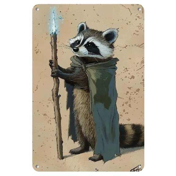 1pc Vintage Fantasy Badger Wizard Metal Wall Sign - Whimsical Raccoon Illustration with Glowing Orb Staff, Weatherproof Indoor & Outdoor Decor for Home, Office, Cafe 8x12 Inch, Pre-Drilled Holes