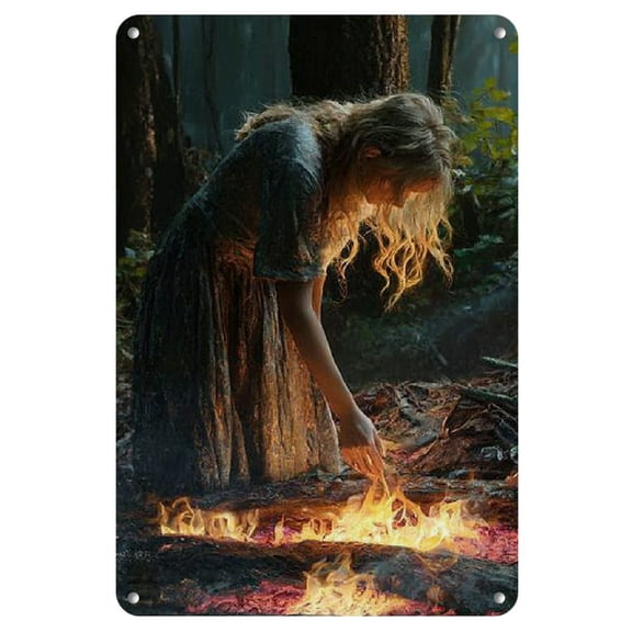 1pc Vintage Fantasy Iron Metal Sign, 8x12 Inches - Enchanted Forest Scene with Fiery Elements, Ideal for Home, Cafe, Office, Wall Decor, Outdoor Decor
