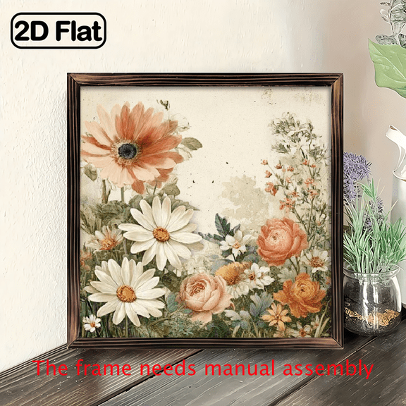 1pc Vintage Farmhouse wooden board painting. Rustic Framed Flower Sign with Wood, Grain Botanical Dcor for Bedroom, Kitchen, Bathroom - Cozy Housewarming Gift 8x8 Inch.