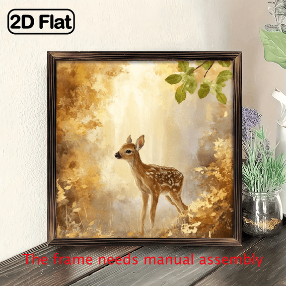 1pc Vintage Fawn Wooden Framed Wall Art - 8x8 Inch Inspirational Desktop Decor with Golden Autumn Forest Scene, Ideal Gift for Family Friends, Gift Item Naturethemed Decor Wooden Frame
