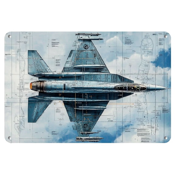 1pc Vintage Fighter Jet Iron Sign (8"x12") - Detailed Blueprint Wall Art, Perfect for Modern Home, Garage, Cafe, Bar Decor, Metal Wall Art Decor, 2D, Perfect for Room Decor