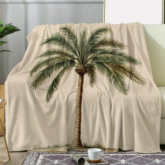 1pc Vintage Flannel Blanket - Soft Cozy All-Season Throw with Palm Tree Print, Beige & Green Botanical Design for Sofa Bed Car Camping Office