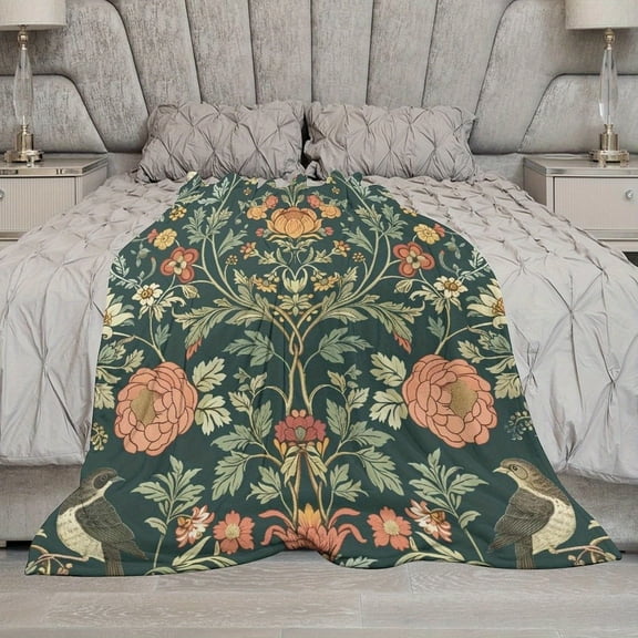 1pc Vintage Floral & Bird Art Throw Blanket - Cozy Flannel, Dark Green with Vibrant Botanical & Avian Design, Soft Polyester Blend, Perfect for Sofa, Bed, or Gift, All-Season Use