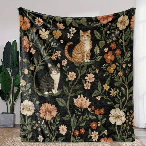 1pc, Vintage Floral Cat Print Throw Blanket, Soft Plush Fleece, All-Season Comfort, Ideal for Sofa, Bed, Car, Office, Camping, Gift - Mixed Colors, Knitted, Polyester