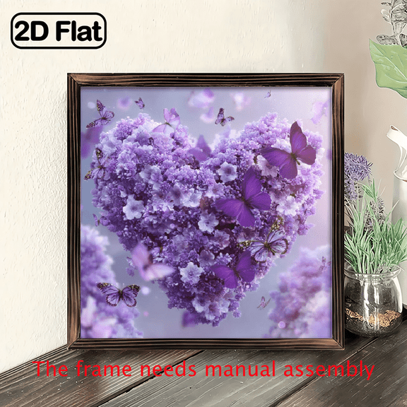 1pc Vintage Floral Heart Art with Wooden Frame - Purple Lilac Butterfly Design, Romantic Home Decor for Living Room, Bedroom, Kitchen, Bathroom - Ideal Gift for festival.8*8in