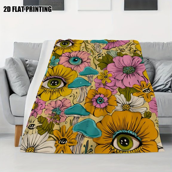 1pc Vintage Floral Hippie Design Flannel Blanket, Suitable for All Seasons, Machine Washable Throw for Bed, Sofa, Travel, Gift, Comfortable Home Decoration | Rustic Style Decor