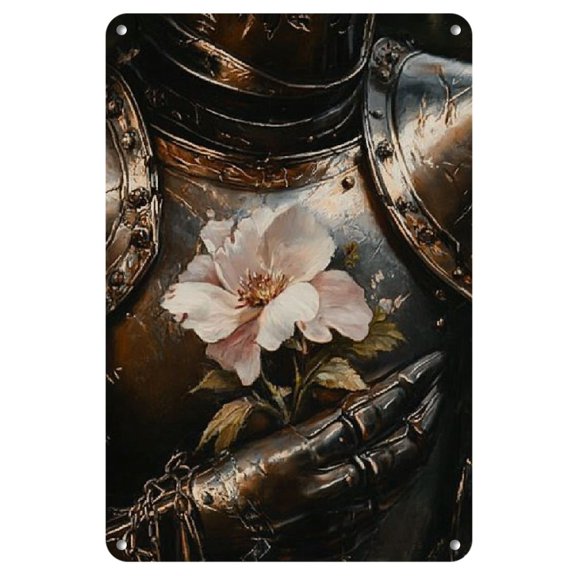 1pc Vintage Floral Knight Armor Design Metal Tin Sign, 8x12 inches, Frameless Iron Wall Art, for Home, Living Room, Bedroom, Office, Hotel, Cafe, and Bar Decor