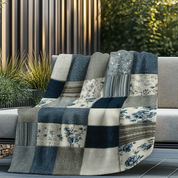 1pc Vintage Floral Patchwork Flannel Blanket - Soft, Warm, and Cozy Throw with Blue and White Checkered Pattern, Ideal for Sofa, Bed, Car, Office, Camping, and Travel - Versatile All-Season Gift, Tra