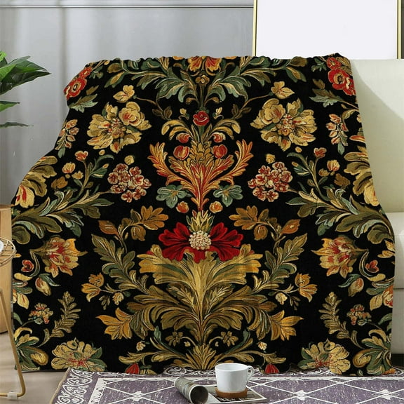 1pc Vintage Floral Print Flannel Blanket - Cozy Soft Polyester Throw for Sofa, Bed, Office, Car, Camping, Travel - All Seasons Gift Blanket, Digital Print, Knitted, 250-300gsm