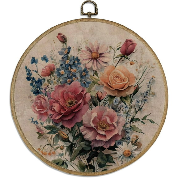 1pc Vintage Floral Round Wall Art 10" Wall Framed Canvas Prints Art Walls Hanging Decor Boho Artwork for Walls Room Door Bedroom Living Room Porch Colorful