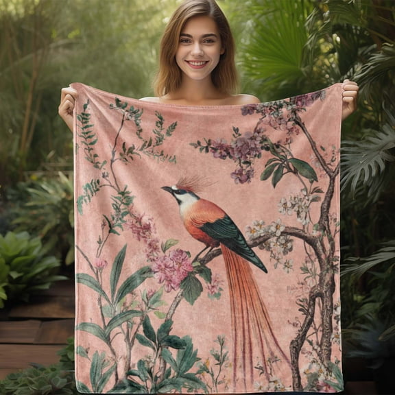 1pc Vintage Floral and Bird Print Flannel Blanket – Soft, Cozy, All-Season Throw for Sofa, Bed, Car, Office, Camping, and Travel