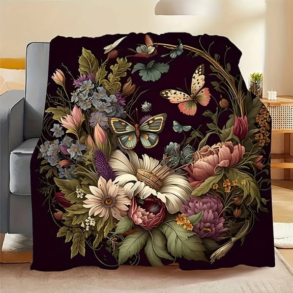 1pc Vintage Flower Basket Butterfly Print Blanket Warm And Comfortable All Seasons Suitable for Bedroom Camping Travel Multifunctional Blanket