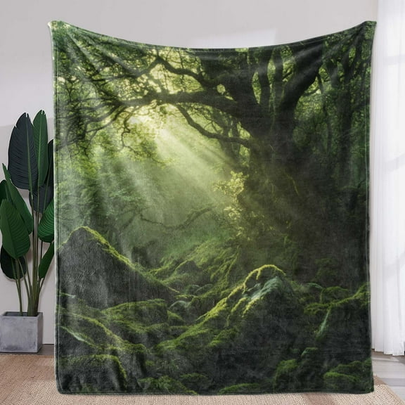 1pc Vintage Forest Print Flannel Blanket - Soft Warm All-Season Throw for Sofa Bed Car Camping Office, Cozy Home Decor & Travel Gift
