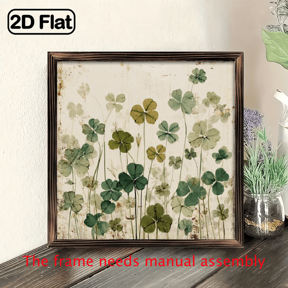 1pc Vintage Four-Leaf Clover Wall Art Framed Botanical Sign Suitable for Farmhouse, Rustic Wood Decor, Wood Frame, Wall-Mountable Decorative Sign for Luck, 8x8 inch.