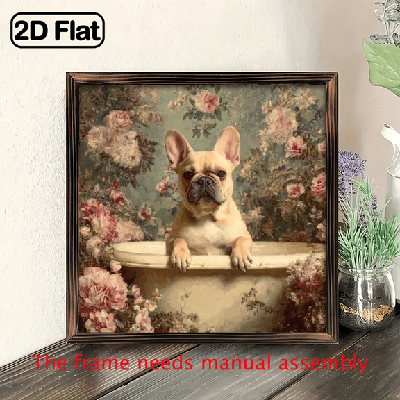 1pc Vintage French Bulldog in Floral Bathtub Wooden Wall Art - 8x8 Inch Rustic Farmhouse Decor, Handcrafted Wood Sign for Living Room, Bedroom, Kitchen, Office - No Electricity Needed, Easy Wall