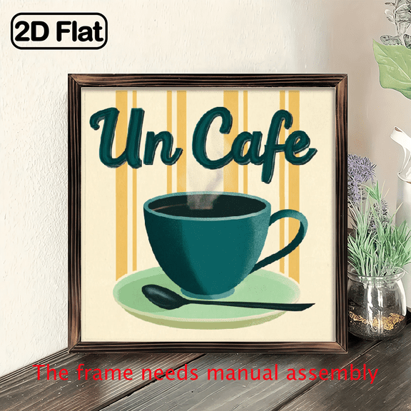 1pc Vintage French Un Caf Coffee Wall Art Plaque - 8x8 Inch Wood Cafe Sign with Espresso Cup Spoon Design, Green_Yellow Striped French Manicure Style, Office, for Man Cave - Coffee Lover Gift
