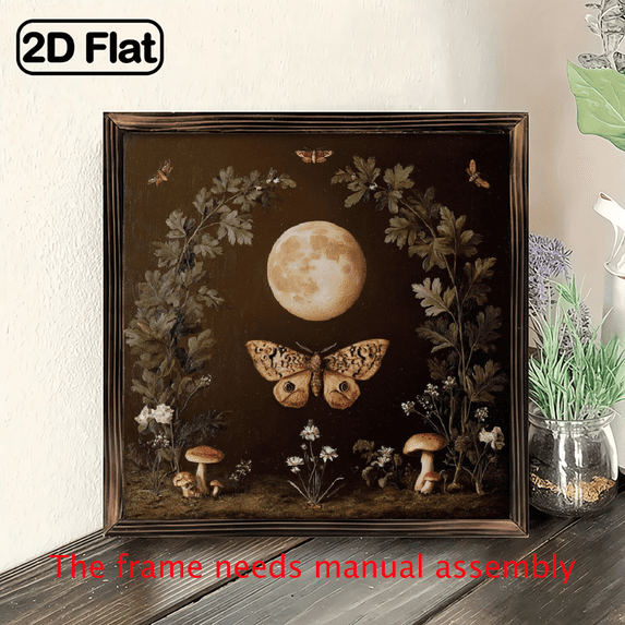 1pc Vintage Full Moon Moth Mushroom Botanical Gothic Still Life Wall Art, 8x8'' Wooden Framed Panel Painting, Wall Decor for Home, Office, Bedroom, Living Room, Kitchen, Bar, Restaurant, Room