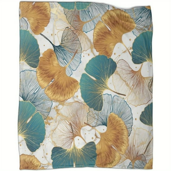 1pc Vintage Ginkgo Leaf Travel Blanket, Soft Polyester Flannel Fabric, Digital Print, Hypoallergenic, Machine Washable, All Seasons, Multipurpose, 250-300g/㎡