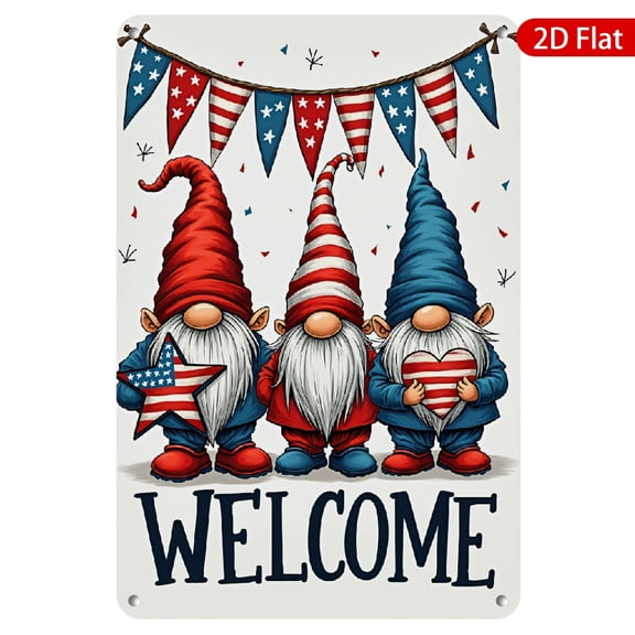 1pc Vintage Gnome Welcome Metal Wall Sign, 8x12 Inches, Festive Decor Featuring Adorable Gnomes with Stars and Hearts, Perfect for Home, Porch, Garden, Cafe, Bar Decor, Rustproof & UV Protected