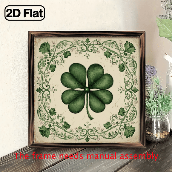 1pc Vintage Green Clover Wall Panel - Boho Framed Artificial Wood Sign, 8x8 Inch Green for St Patrick's Day, Irish-Themed Home Decor for Living Room, Kitchen, Bathroom