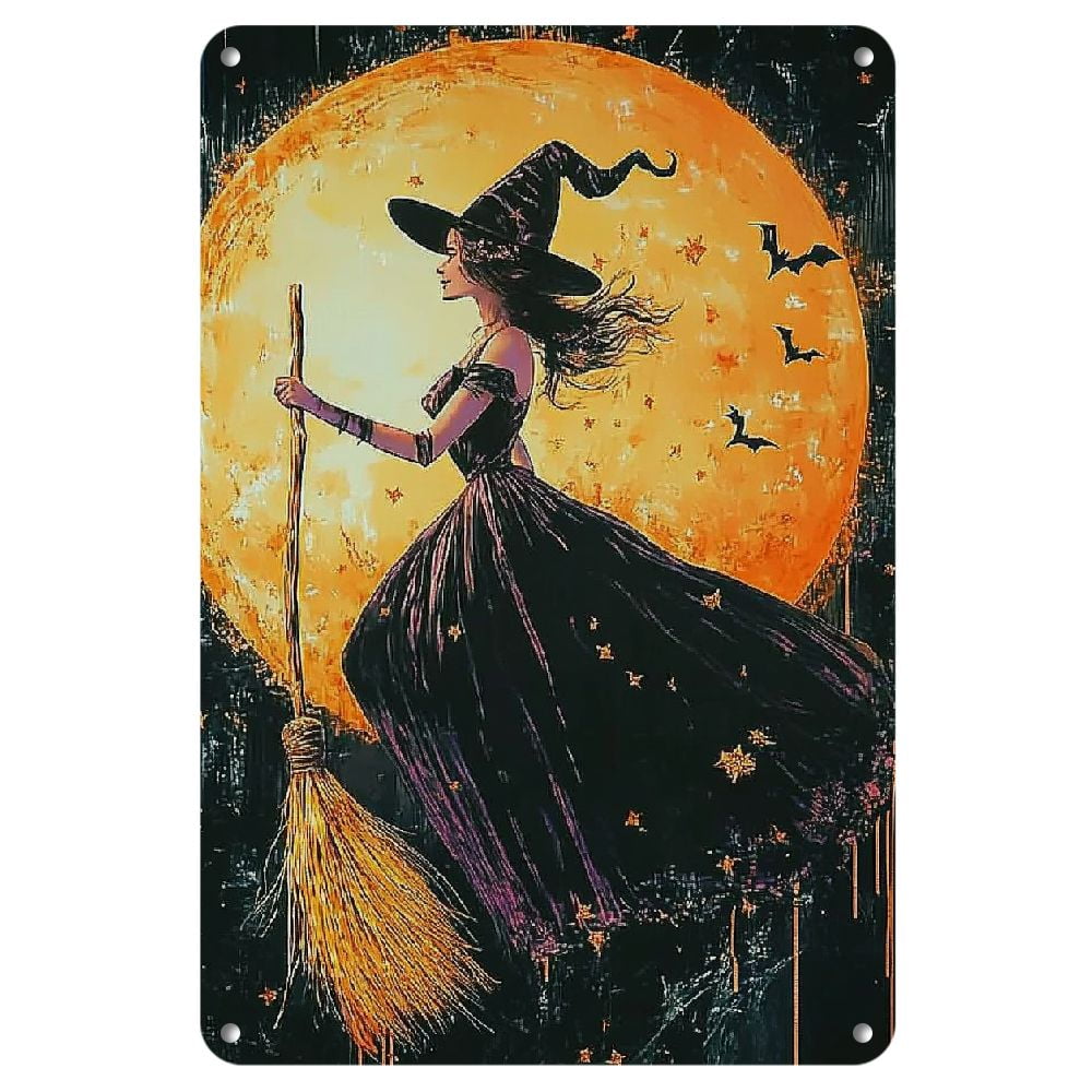 1pc Vintage Halloween Metal Sign, 12"x8" Witch and Moon Theme Wall Art