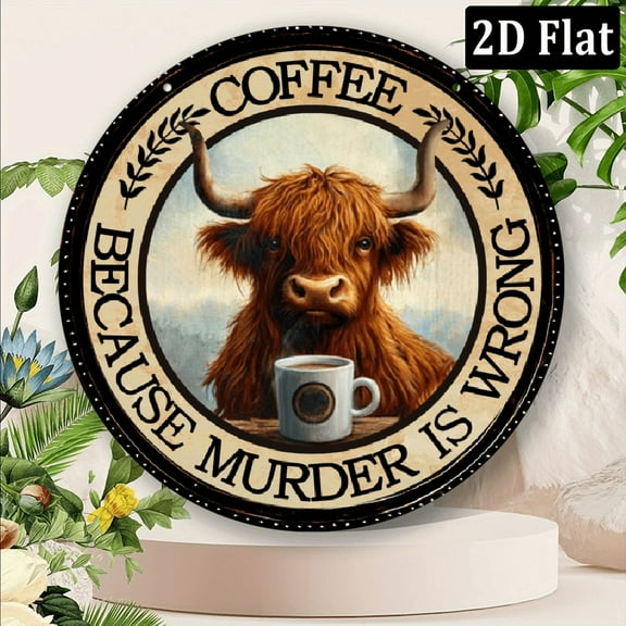 1pc Vintage Highland Cow Coffee Metal Round Sign - Rustic Wall Decor with _Coffee Because Murder Is Wrong_ Design, Aluminum Plaque for Kitchen, Bar, Home & Garden, Perfect Gift for Cow Lovers, Cow