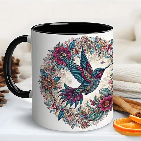 1pc Vintage Hummingbird Floral Ceramic Coffee Mug 11oz Elegant Flower Wreath Cup with Bird Design Hand Painted looking no two Clay Mugs are identical