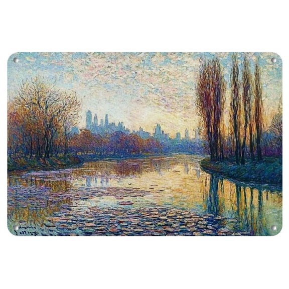 1pc Vintage Impressionist Landscape Metal Wall Art, French River Scene Painting, Iron Oblong Decor for Home, Office, Bar, Cafe, Garage, Garden, Farmhouse - 8x12 inches