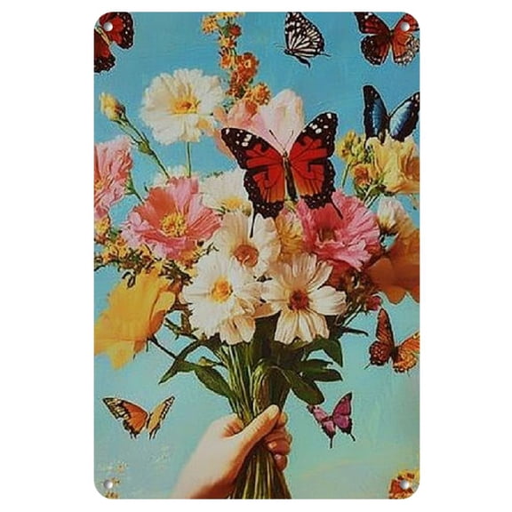 1pc Vintage-Inspired 8"x12" Metal Wall Art with Colorful Flowers & Butterflies - Easy-to-Hang Iron Decor for Kitchen, Club, Restaurant - Ideal Valentine's Day Gift, Metal Wall Art Decor