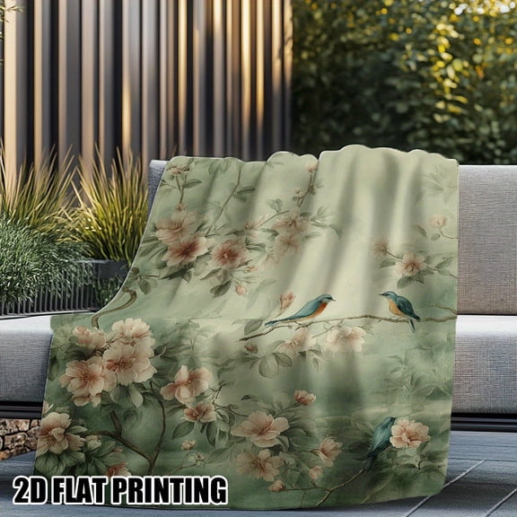 1pc Vintage-Inspired Birds & Blooming Branches Flannel Throw Blanket - 250-300GSM Heavyweight All-Season Soft Breathable Bedspread, Pastel Green & Pink Floral Print with