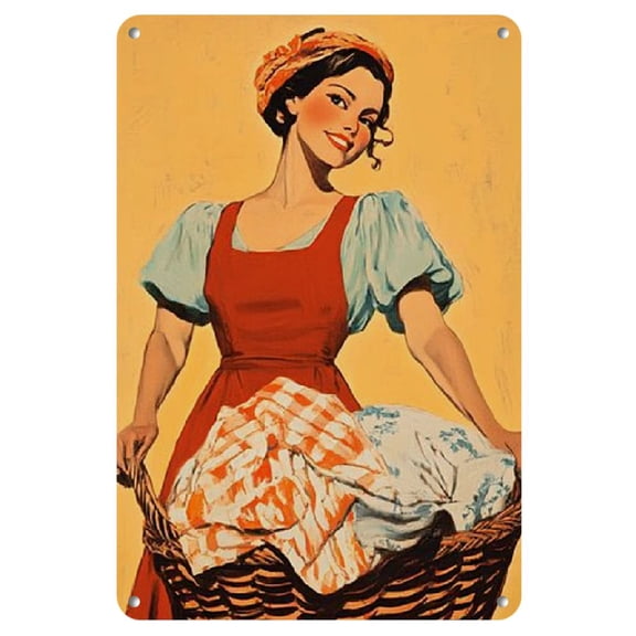 1pc Vintage-Inspired Metal Tin Sign, Retro Style Laundry Woman Wall Art, Frameless 8"x12" Waterproof Decorative Plaque for Home, Bar, Cafe, Garage - Multifunctional Art Poster with English Text
