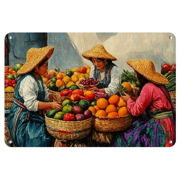 1pc Vintage-Inspired Mexican Women Shopping Scene Metal Sign - 8x12 Inch Iron Wall Art, Perfect for Kitchen/Dining Room, Cafe, Bar Decor & Holiday Parties, Metal Outdoor Decor, 2D