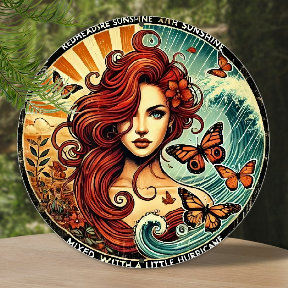1pc VintageInspired RedHaired Lady Metal Wall Art, 8x8 Inch Round