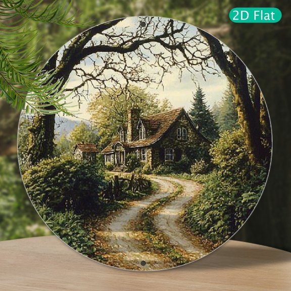 1pc Vintage-Inspired Round Aluminum Wall Art - "Country Lane & Historic Trees" Aluminum Print, Ideal for Home Decor, Anniversaries, Graduations, Beach Parties & Birthdays