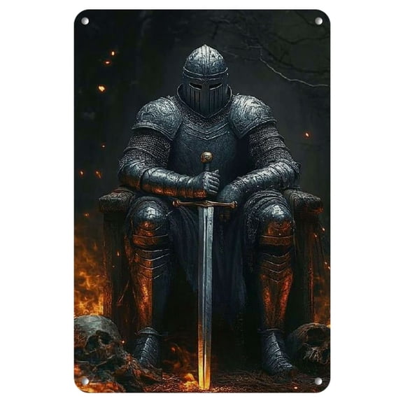 1pc Vintage Iron Metal Wall Art - Dark Fantasy Knight by Bonfire Scene, Gaming & Anime-Inspired Decor, Durable & Weather-Resistant, Pre-Drilled for Easy Hanging, Ideal for Living Room