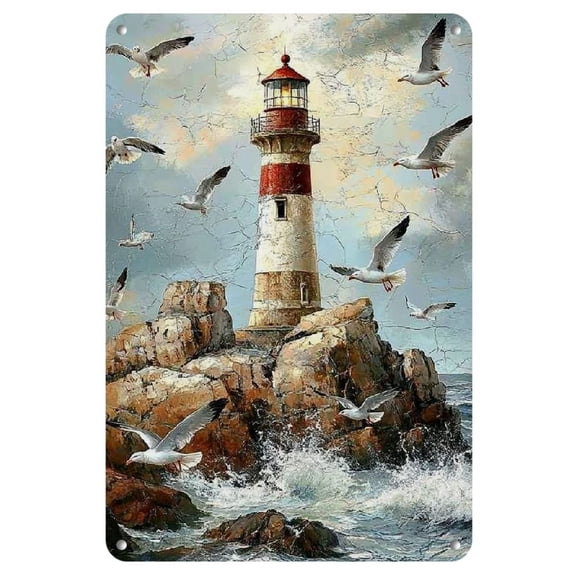 1pc Vintage Iron Wall Art, 8x12 inches - Rustic Lighthouse and Ocean Scene Decor, Ideal for Home, Bedroom, Bar, Cafe, Office, Farmhouse - Weathered Metal Sign with Seagull Accents, Coastal Home Decor