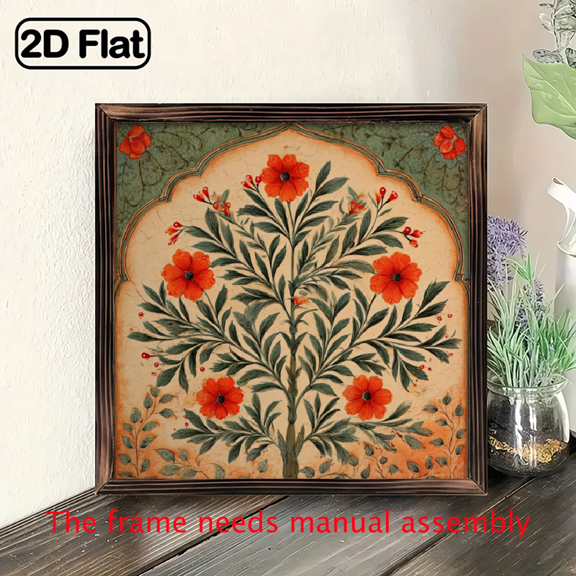 1pc Vintage Islamic Floral Archway Art Wooden Sign, 8x8 Inch - Vibrant Red Flowers Green Foliage Design with Wooden Frame for Home, Living Room, Office, Cafe, Bar - Perfect Holiday Gift Islamic Ho