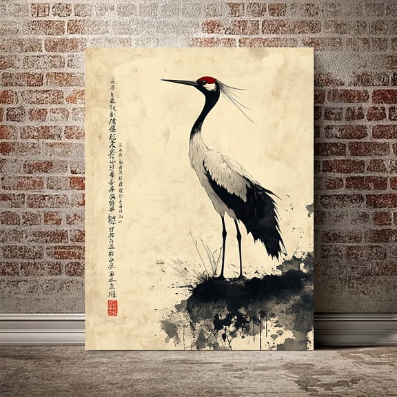 1pc Vintage Japanese Crane Wall Art- Elegant Ink Bird Print with Frame, Traditional Sumi-e Painting, Oriental Decor for Home Or Office, Asian Minimalist Artwork