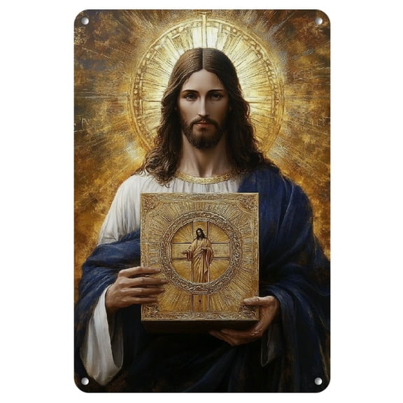 1pc Vintage Jesus Icon Iron Wall Art, 8x12 inches, Sacred Heart of Jesus Design with Golden Halo & Ornate Robe, Blue Background with Celestial Patterns, Decorative Metal Sign for Home, Bedroom