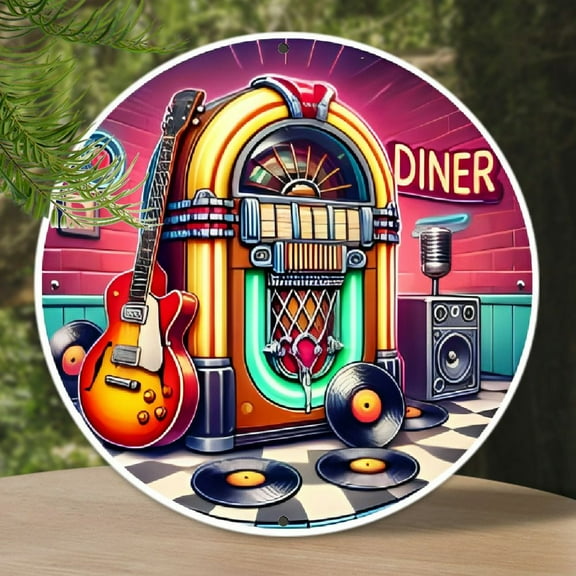 1pc Vintage Jukebox Metal Logo Aluminum Circular Wall Decoration, 7.8 x 7.8 inches, with Home, Farmhouse, Porch, Bedroom Decoration, for Holiday Gift