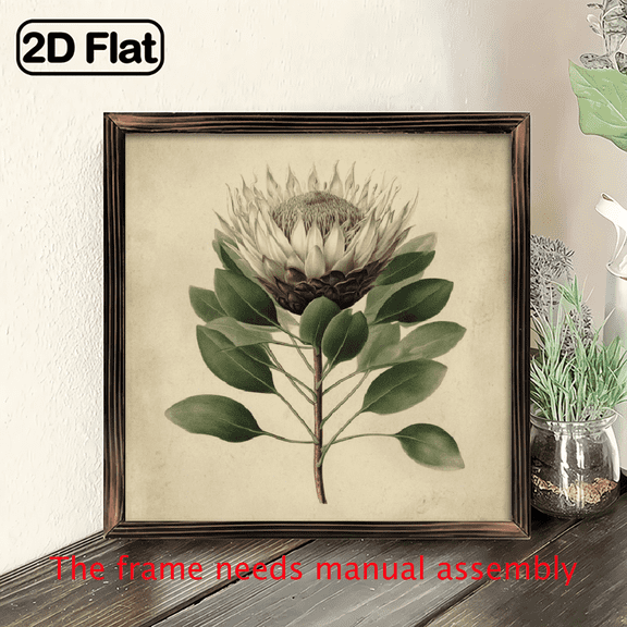 1pc Vintage King Protea Flower Antique Botanical Wall Art, 8x8'' Wooden Framed, Wall Decor for Home, Office, Bedroom, Living Room, Kitchen, Bar, Restaurant, Room, Painting Art Work
