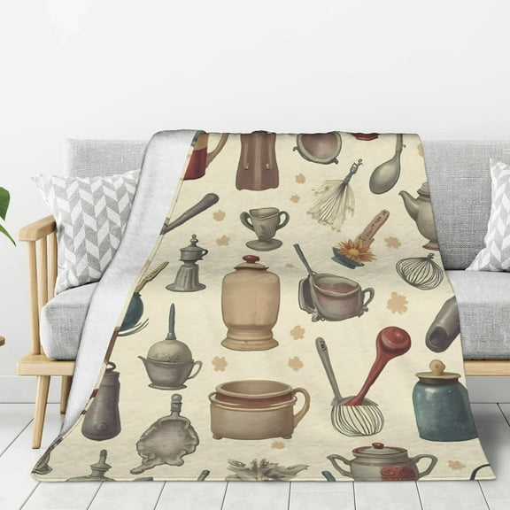 1pc Vintage Kitchen Throw Blanket - Ultra-Warm Flannel All-Season Cozy Blanket with Retro Kitchenware Design (Coffee Makers, Pots, Pans) - Beige/Brown/Teal/Gray/Black/White/ - Machine Washable for Ho