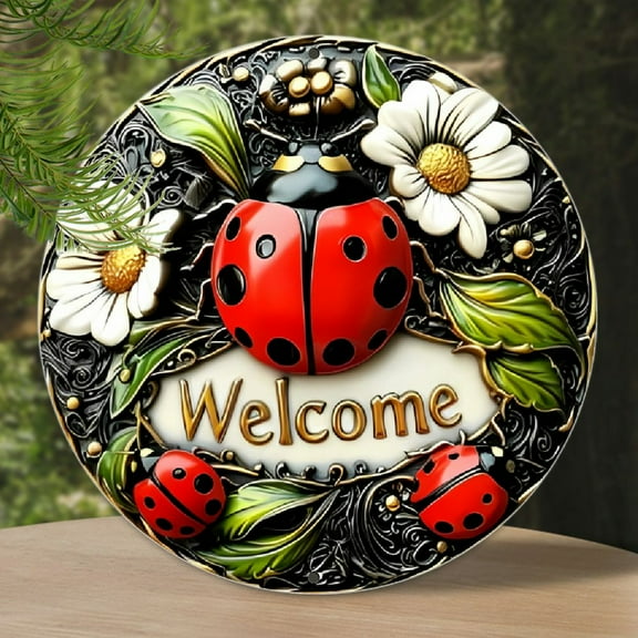 1pc Vintage Ladybug Welcome Sign, Aluminum Wall Art, with Floral Design, Pre-Drilled, Waterproof, Weather-Resistant Decor for Outdoor, Garden, Patio, Bar, Cafe - Nature Themed Decorations