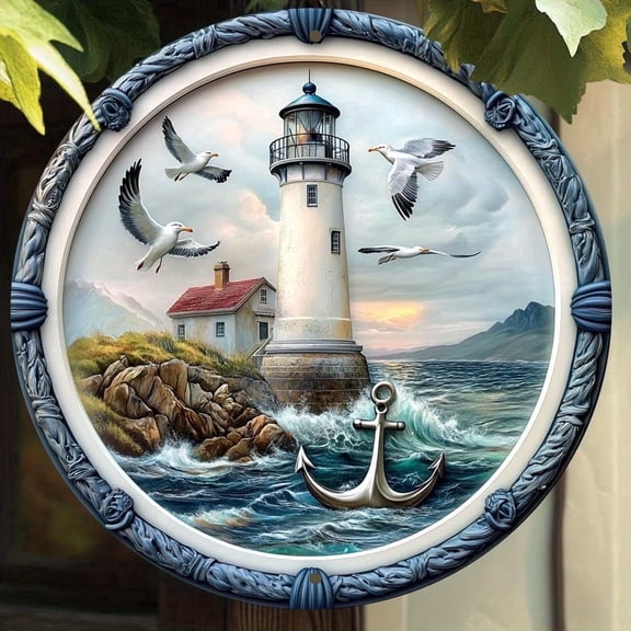 Kexle1pc Vintage Lighthouse Aluminum Wall Art Sign - Seagulls and Ocean Theme Metal Decor - Weatherproof, No Battery Needed - Ideal for Home, Fits Christmas, Valentine'S Day8x8 inches