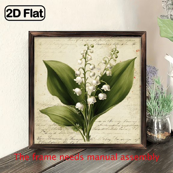 1pc Vintage Lily of the Valley Wood Framed Wall Decor Sign 8x8 Inch Artificial Regenerated Wood, Floral Cursive Script Design, Rustic Farmhouse Home Office Bathroom Decor.