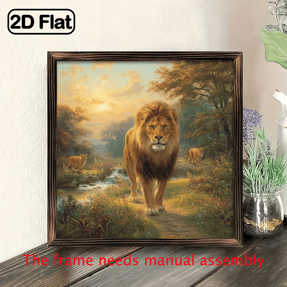 1pc Vintage Lion Wall Art - Rustic Wooden Framed Wildlife Painting, Desktop or Wall Decor for Living Room, Office, Farmhouse - Wildlife Painting Poster Print, Realistic Animal Print, Home Dec
