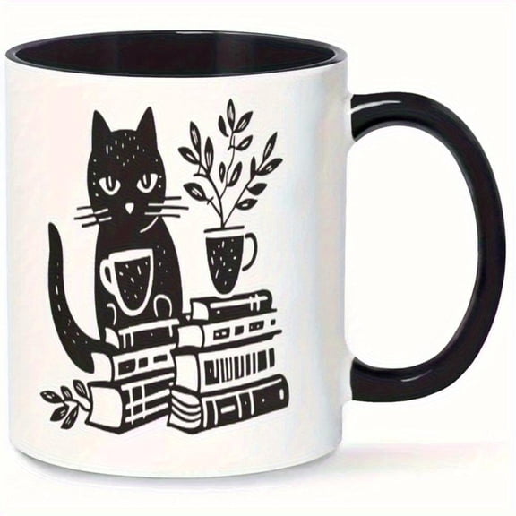 1pc Vintage Literary Mug Black White Coffee Cup with Sitting Stacked Books Cup Design Book Clubs Library Workers Writers Hand Wash Only Ideal Home Office Cafe Use Lovers Bibliophil