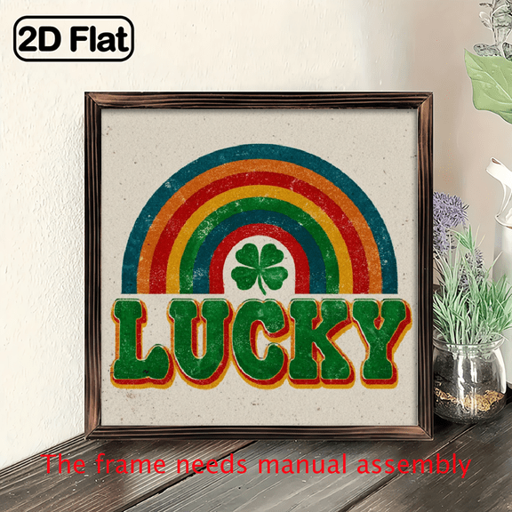 1pc Vintage Lucky Rainbow Wood Framed Wall Sign St Patrick'S Day Irish Luck Decor with Wood Frame, for Home, Office, Party - Rainbow Shamrock Decoration, Reusable, Contemporary Style 8x8 Inch Deco