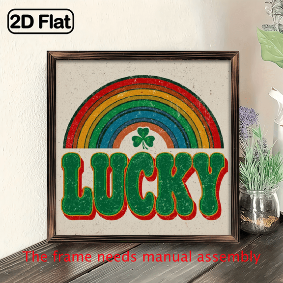1pc Vintage Lucky Rainbow Wood Framed Wall Sign St Patrick'S Day Irish Luck Decor with Wood Frame, for Home, , Party Rainbow Shamrock Decoration, Contemporary Style 8x8 Inch Decorat